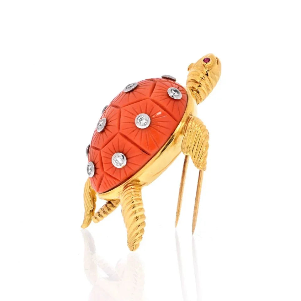 18K Yellow Gold Coral Turtle With Diamonds On The Shell Brooch - The Back Vault
