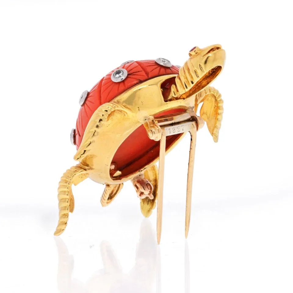 18K Yellow Gold Coral Turtle With Diamonds On The Shell Brooch - The Back Vault