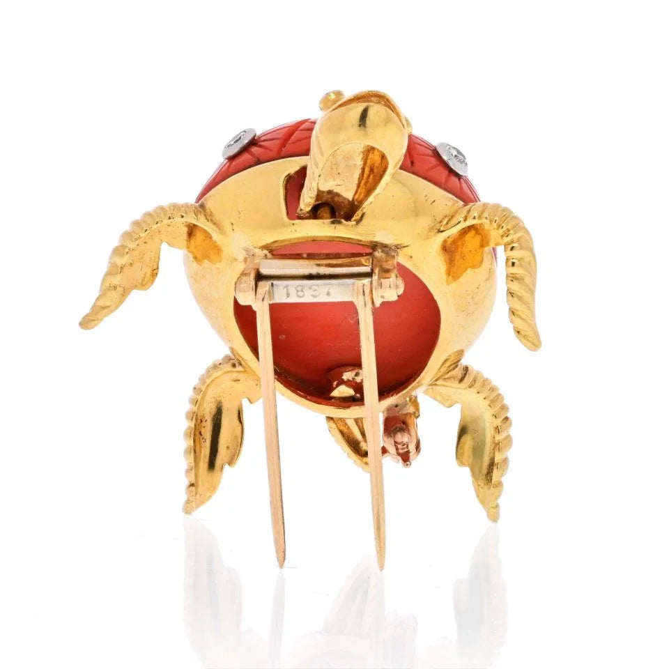 18K Yellow Gold Coral Turtle With Diamonds On The Shell Brooch - The Back Vault