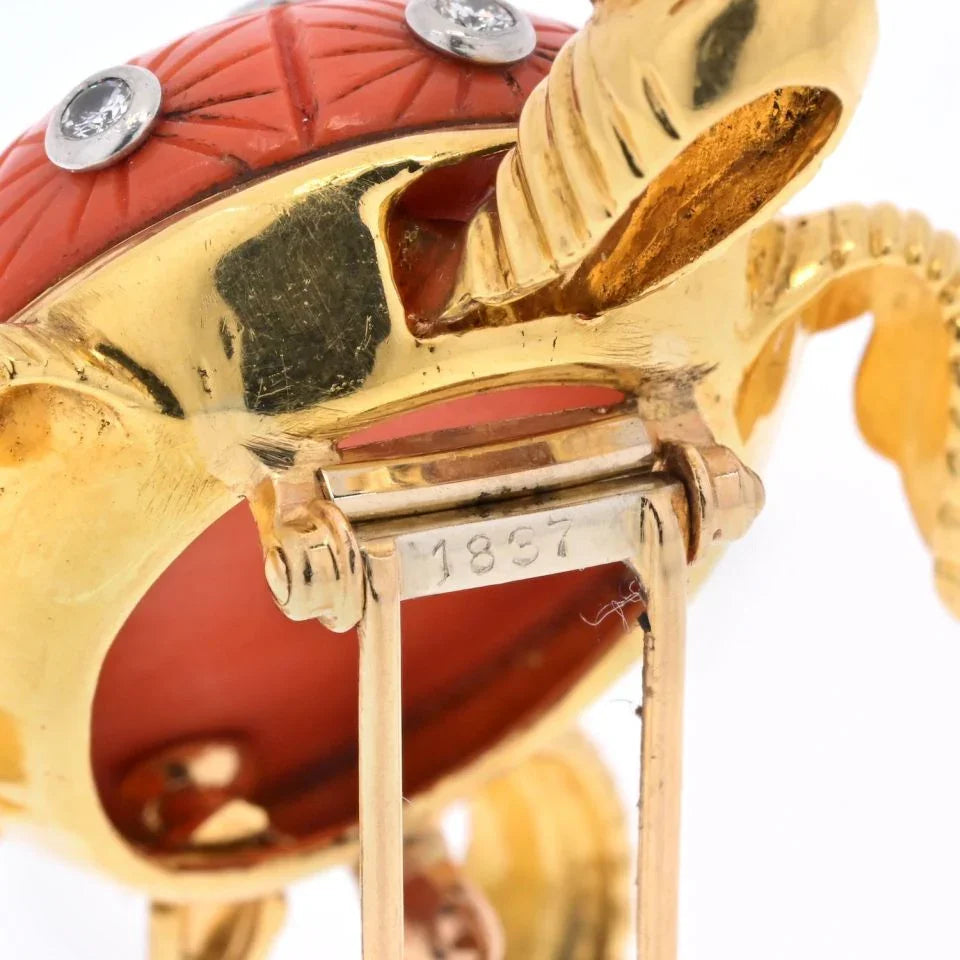 18K Yellow Gold Coral Turtle With Diamonds On The Shell Brooch - The Back Vault