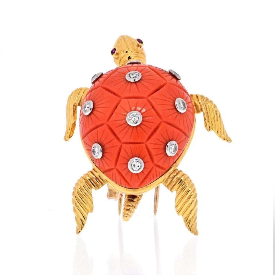 18K Yellow Gold Coral Turtle With Diamonds On The Shell Brooch - The Back Vault