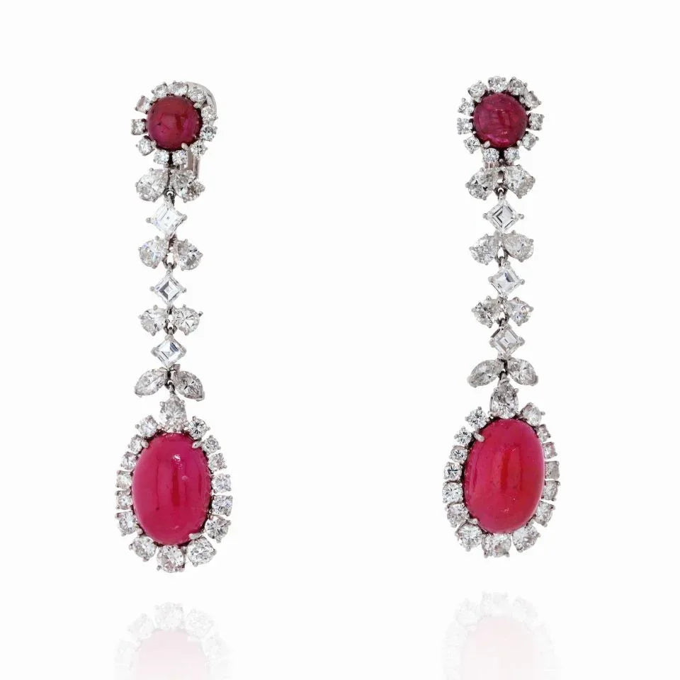 David Webb Platinum Diamond And Ruby Drop Dangling Earrings - The Back Vault
