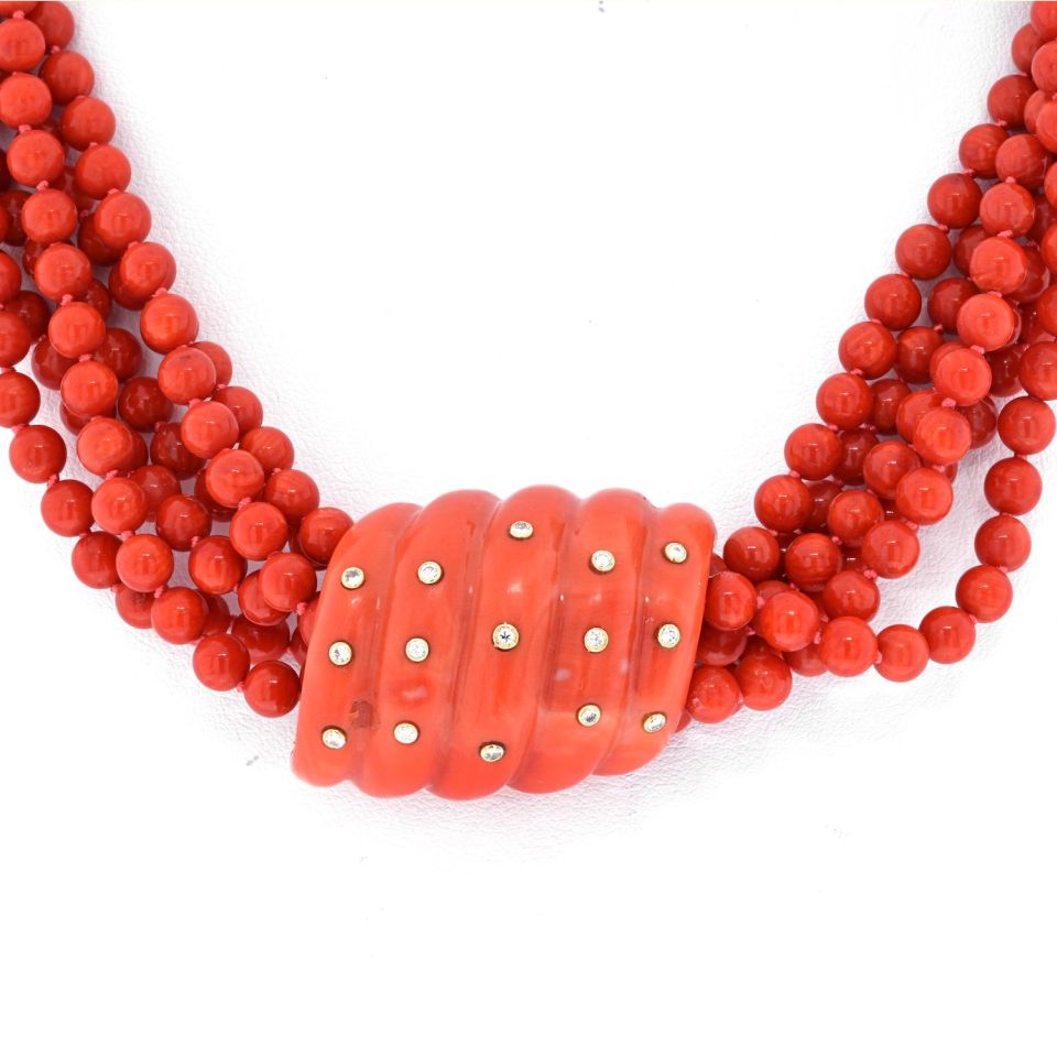 Seaman Schepps Coral 18K Yellow Gold Six Strang Coral And Diamond Necklace