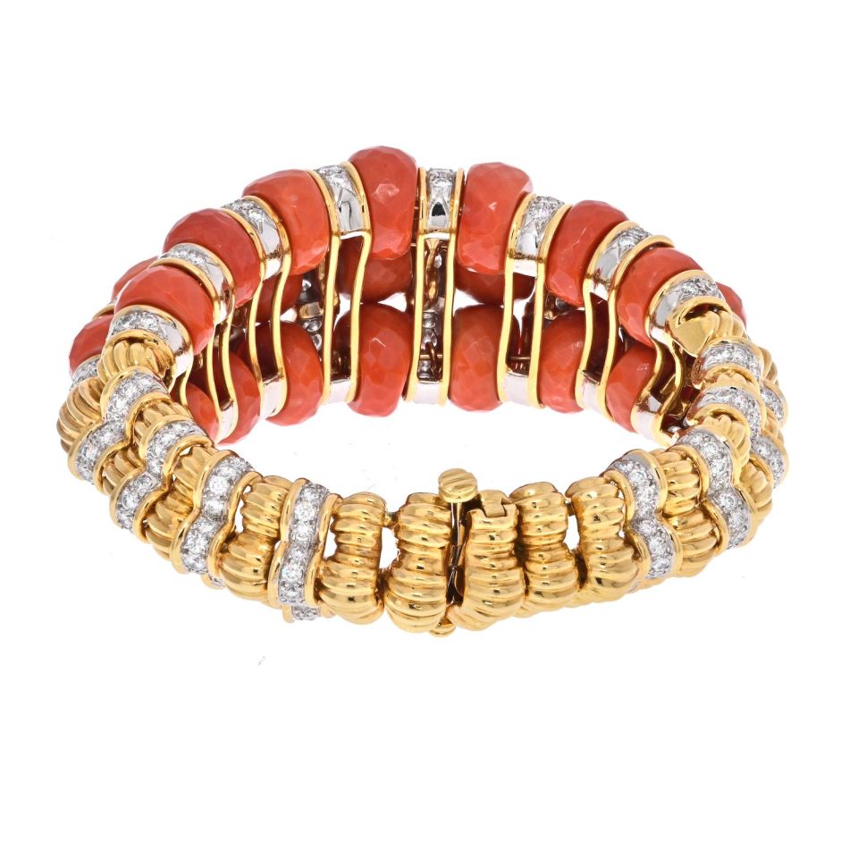 David Webb Platinum & 18K Yellow Gold Faceted Coral And Diamond Bracelet