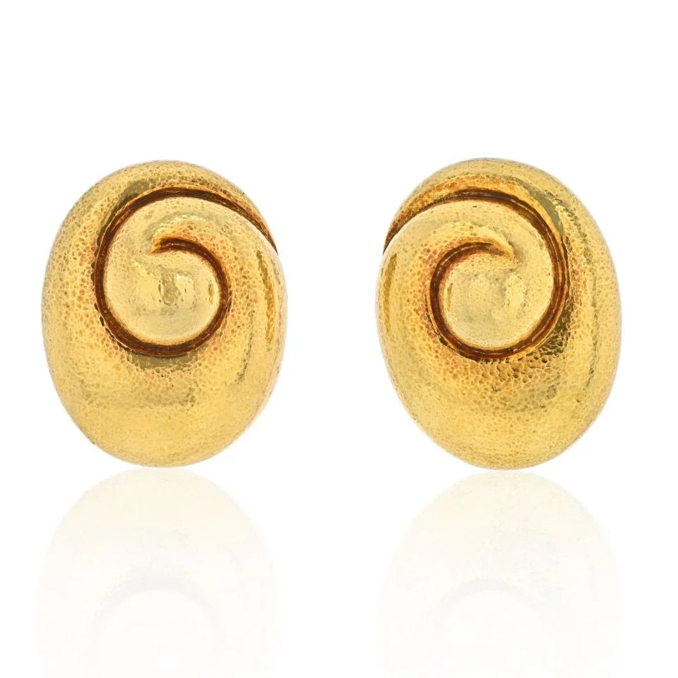David Webb 18K Yellow Gold Hammered Heavy Clip On Swirl Earrings - The Back Vault