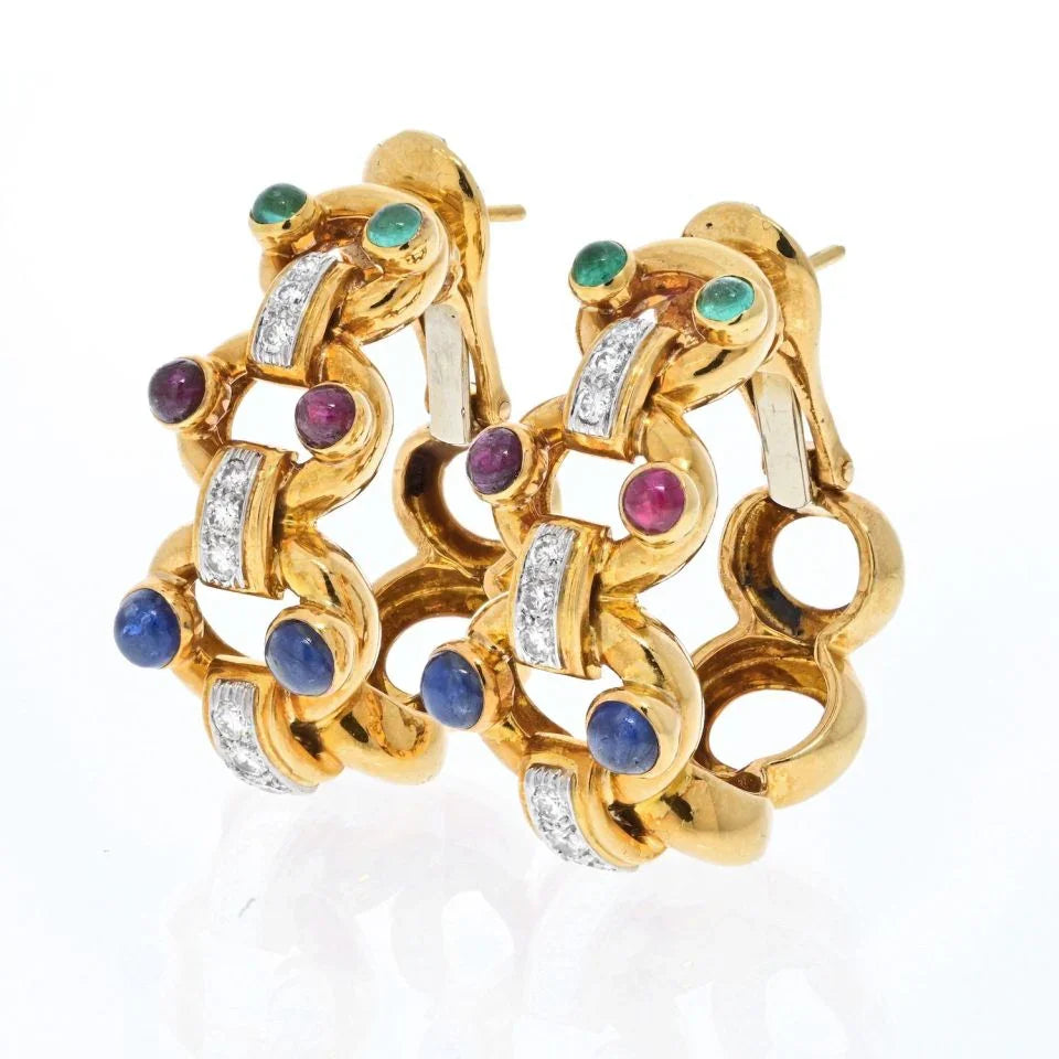 David Webb Platinum & 18K Yellow Gold Diamond, Sapphire, Emerald And Ruby Hoop Earrings - The Back Vault