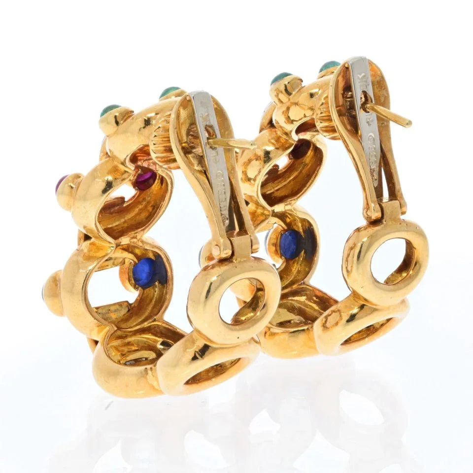 David Webb Platinum & 18K Yellow Gold Diamond, Sapphire, Emerald And Ruby Hoop Earrings - The Back Vault