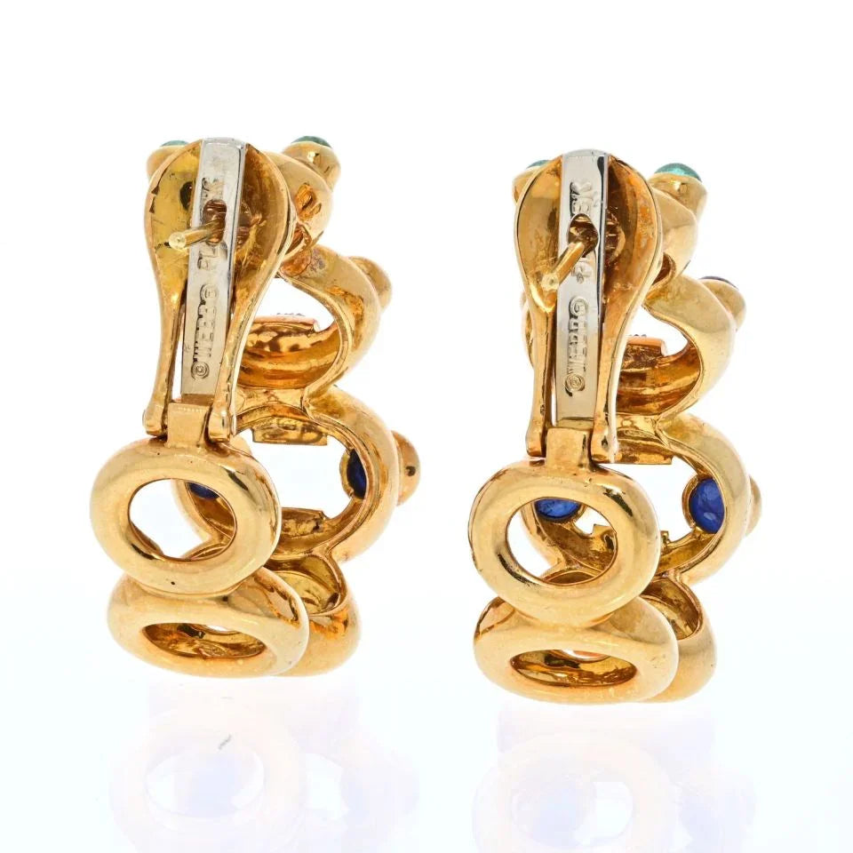 David Webb Platinum & 18K Yellow Gold Diamond, Sapphire, Emerald And Ruby Hoop Earrings - The Back Vault