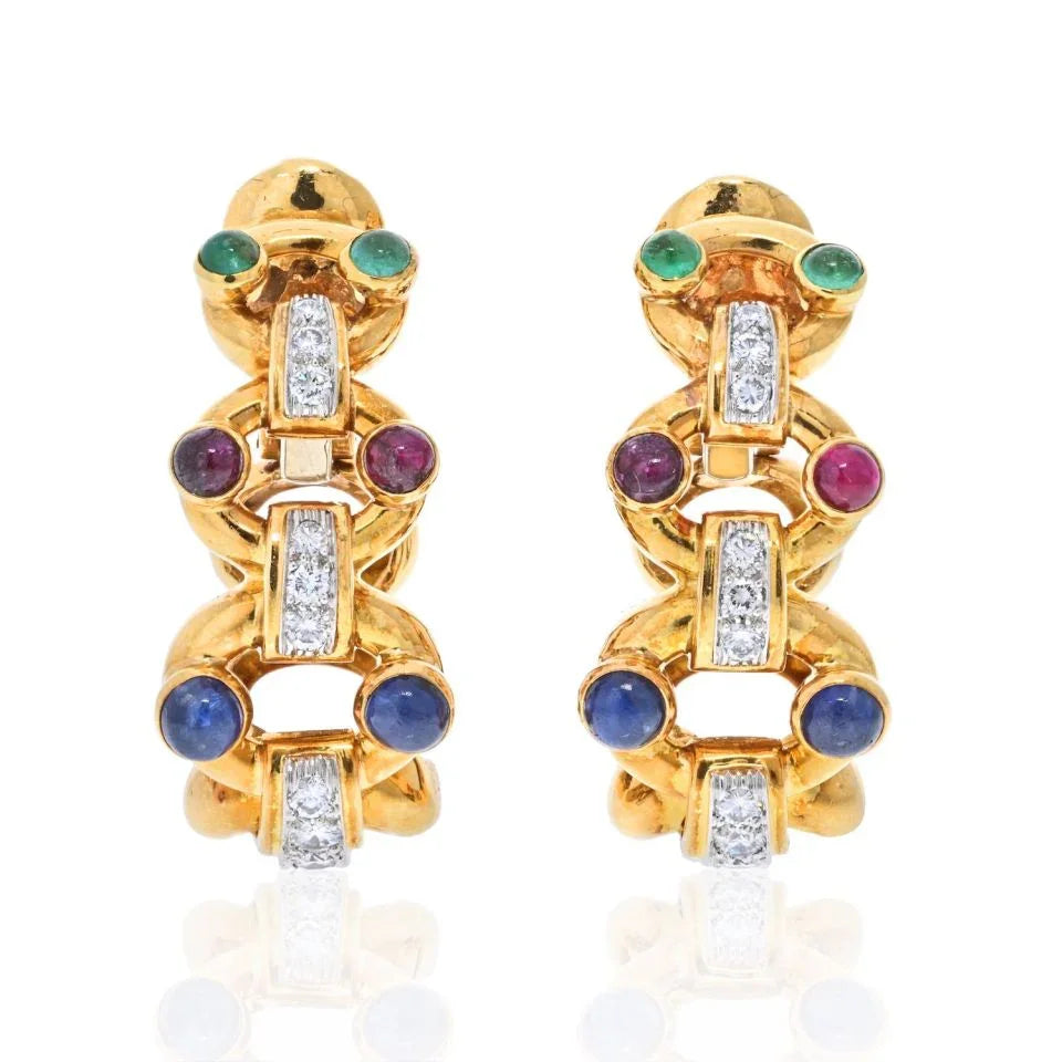 David Webb Platinum & 18K Yellow Gold Diamond, Sapphire, Emerald And Ruby Hoop Earrings - The Back Vault