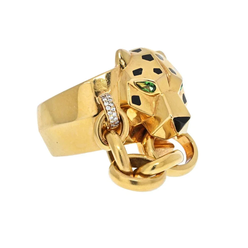 Cartier 18K Yellow Gold Spotted Panthere Link Chain In Mouth Ring - The Back Vault