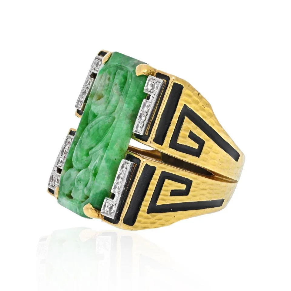 David Webb 18K Yellow Gold Black Enamel, Carved Jade And Diamond Ring - The Back Vault