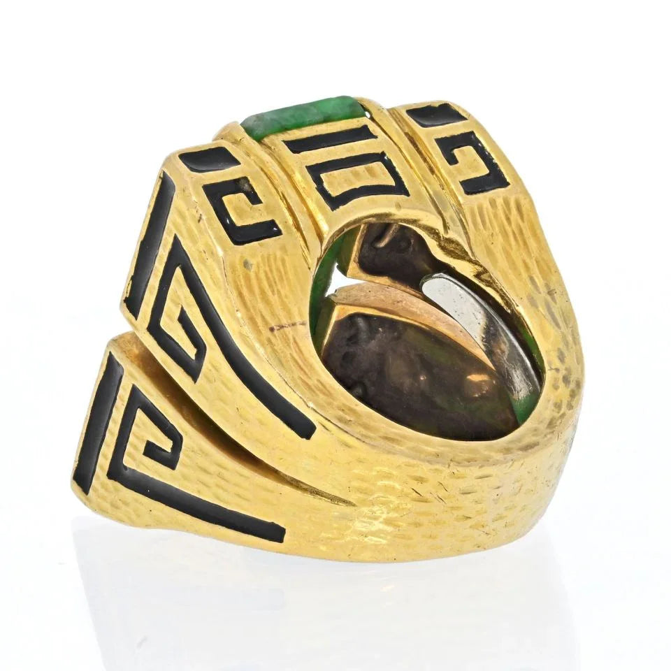 David Webb 18K Yellow Gold Black Enamel, Carved Jade And Diamond Ring - The Back Vault
