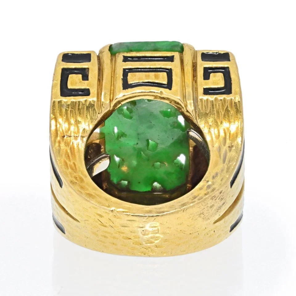 David Webb 18K Yellow Gold Black Enamel, Carved Jade And Diamond Ring - The Back Vault