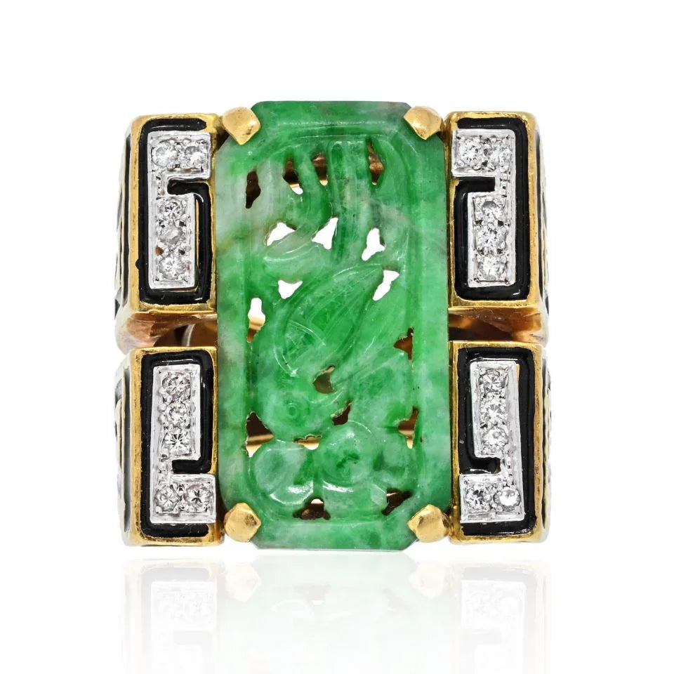 David Webb 18K Yellow Gold Black Enamel, Carved Jade And Diamond Ring - The Back Vault