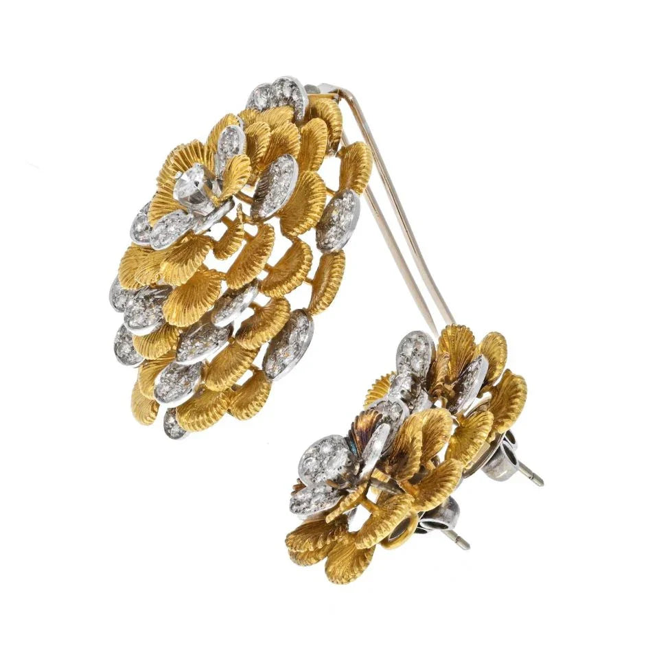 Kutchinsky Platinum & 18K Yellow Gold Diamond Flower Brooch And Earrings Jewelry Set - The Back Vault