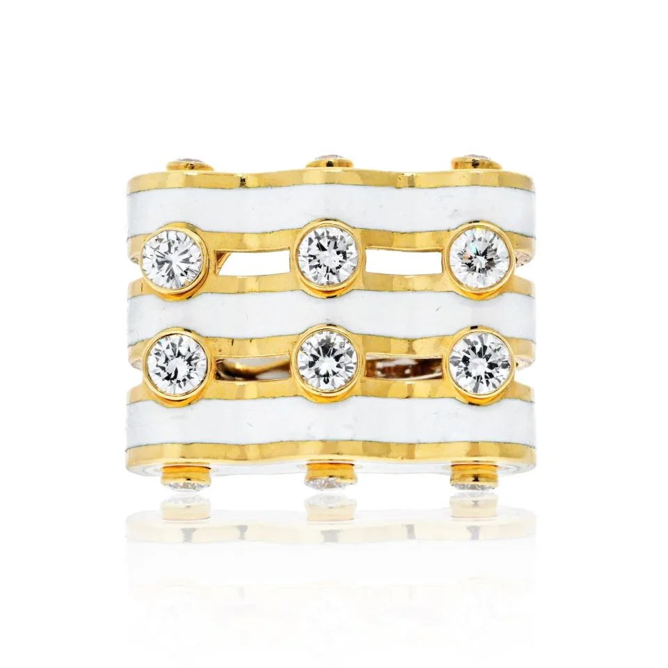 David Webb Platinum & 18K Yellow Gold White Enamel Diamond Ring - The Back Vault