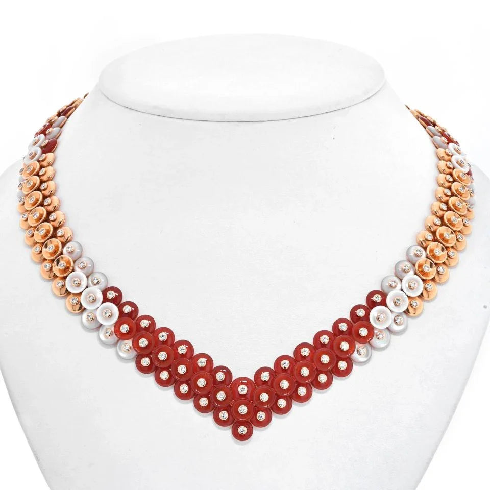 Van Cleef & Arpels 18K Rose Gold BOUTON D'OR CARNELIAN, DIAMOND & MOTHER OF PERAL Necklace - The Back Vault