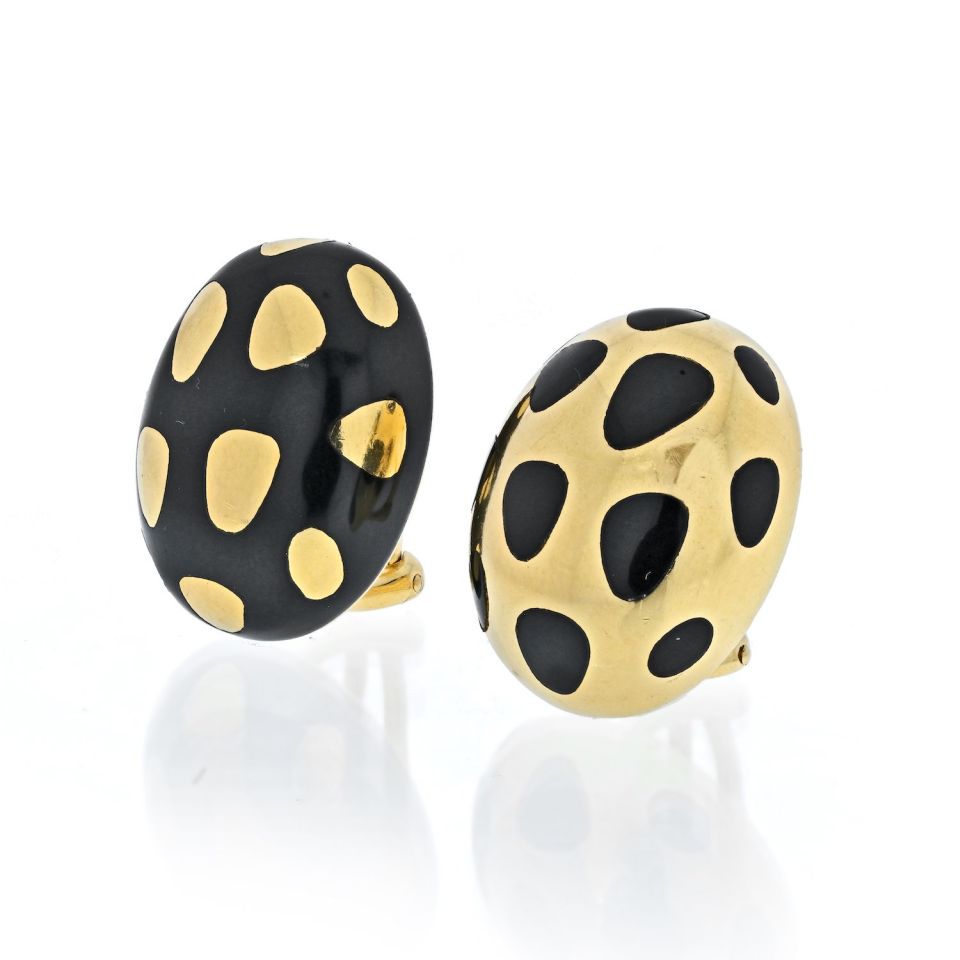 Tiffany & Co. 18K Yellow Gold Black Inlay Positive And Negative Oval Dome Earrings