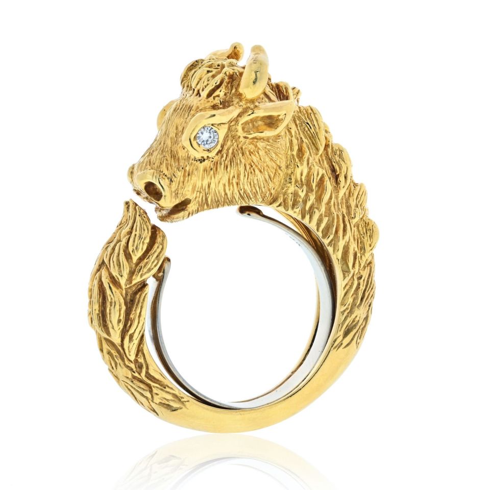 David Webb 18K Yellow Gold Baby Bull With Diamond Eyes Ring