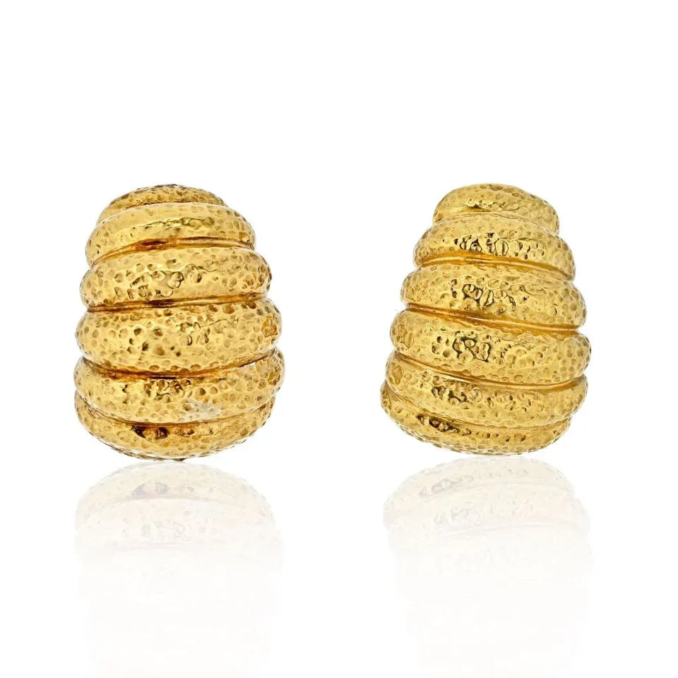 David Webb 18K Yellow Gold Bombe Ribbed Shrimp Clip On Earrings - The Back Vault