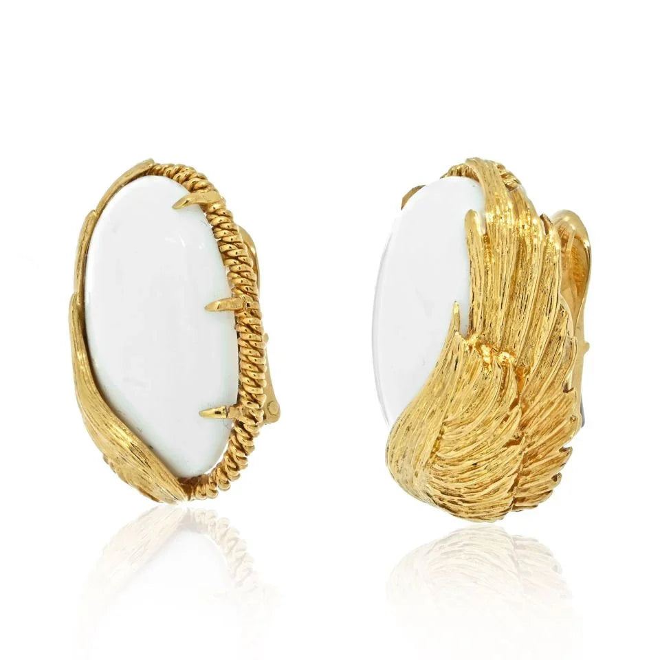 David Webb 18K Yellow Gold Cabochon Coral Oval Clip On Earrings - The Back Vault
