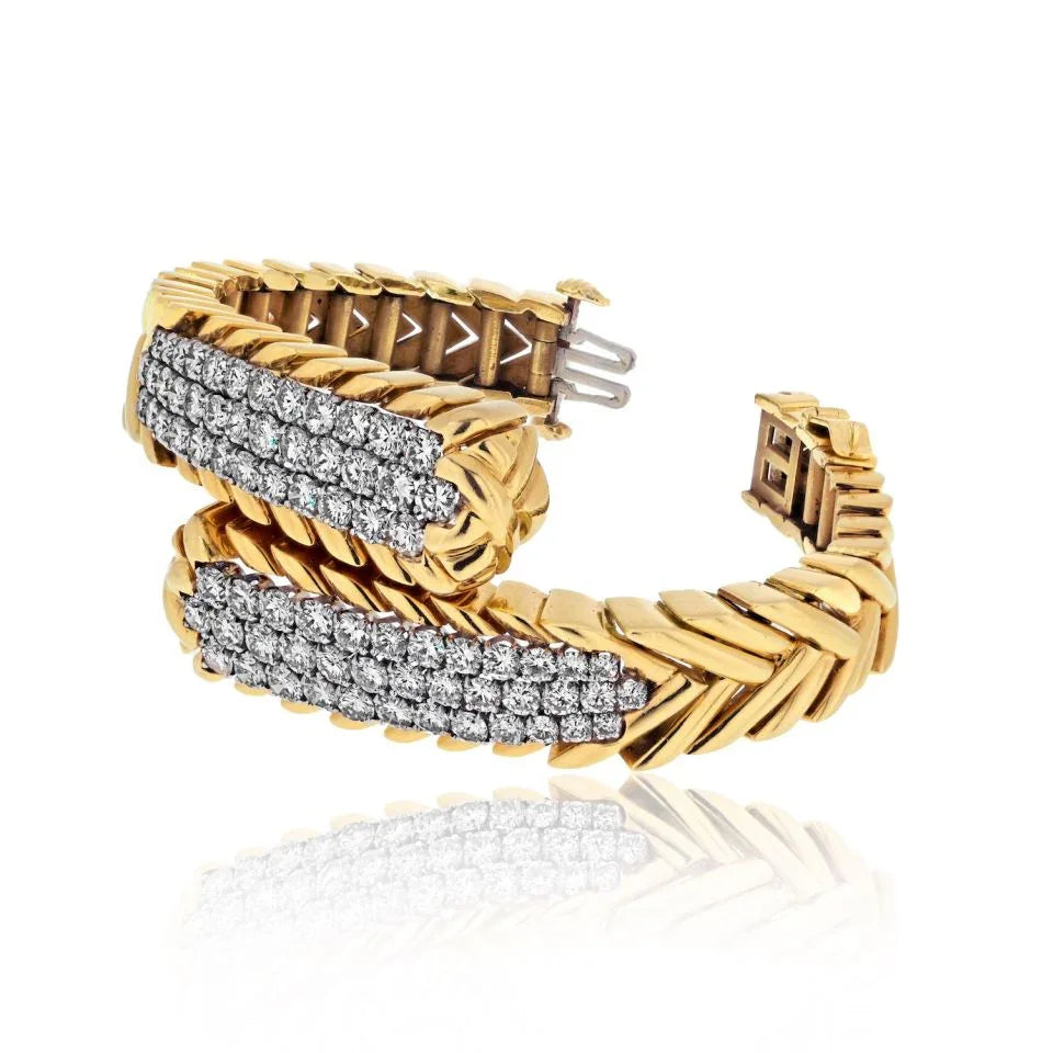 David Webb Platinum & 18K Yellow Gold 8.75cttw Round Diamond Crossover Bracelet - The Back Vault