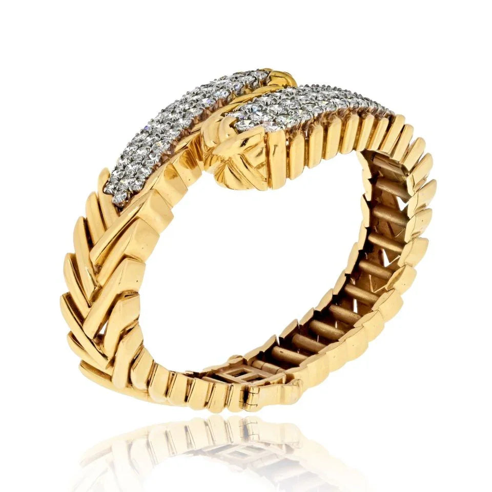 David Webb Platinum & 18K Yellow Gold 8.75cttw Round Diamond Crossover Bracelet - The Back Vault