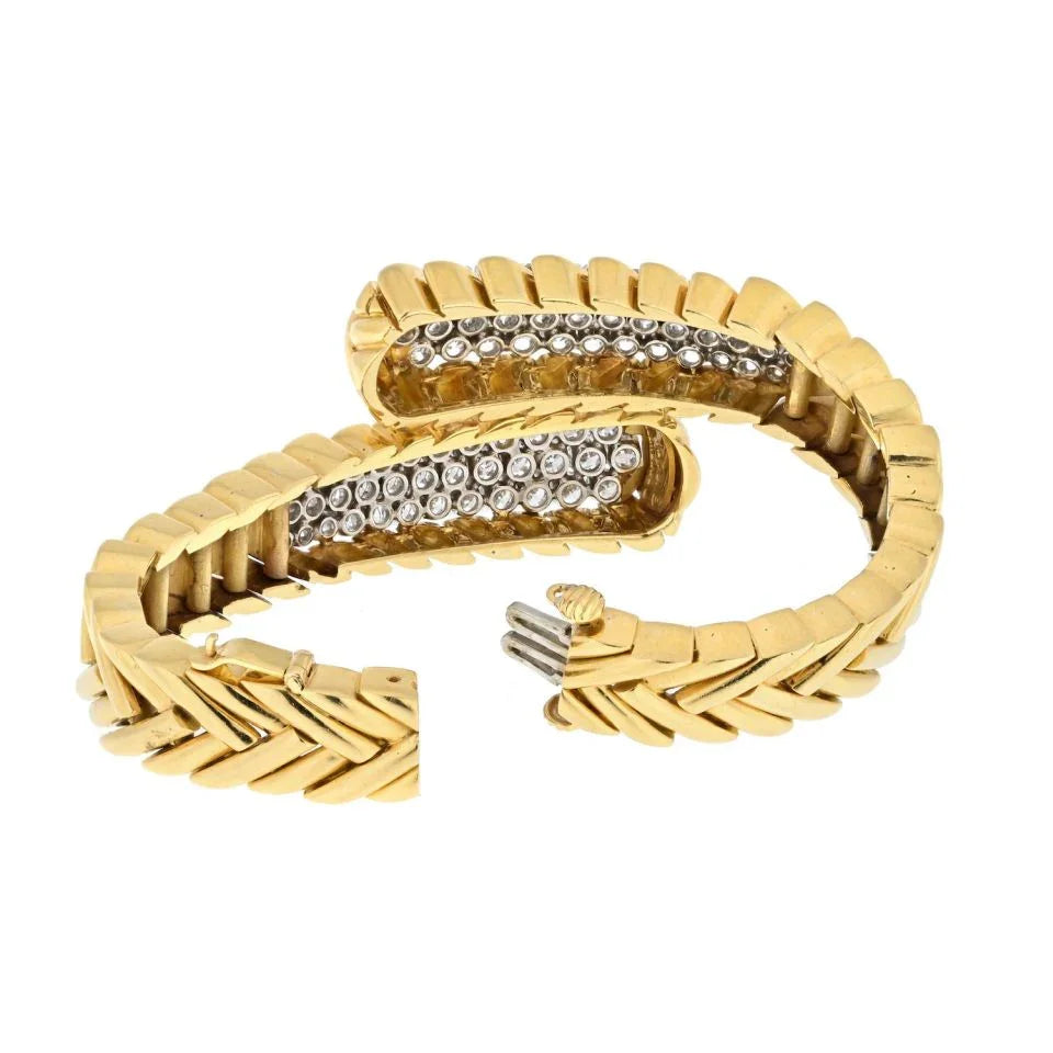 David Webb Platinum & 18K Yellow Gold 8.75cttw Round Diamond Crossover Bracelet - The Back Vault
