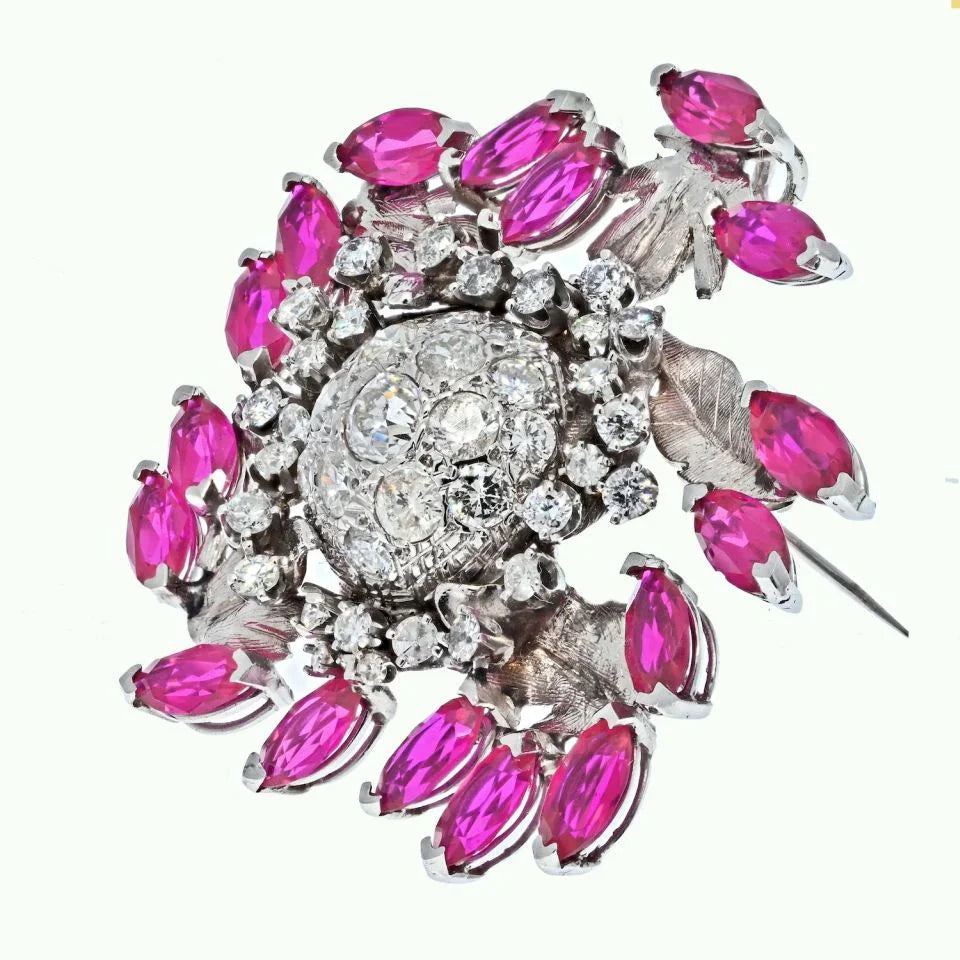 14K Palladium Diamond And Ruby Brooch - The Back Vault