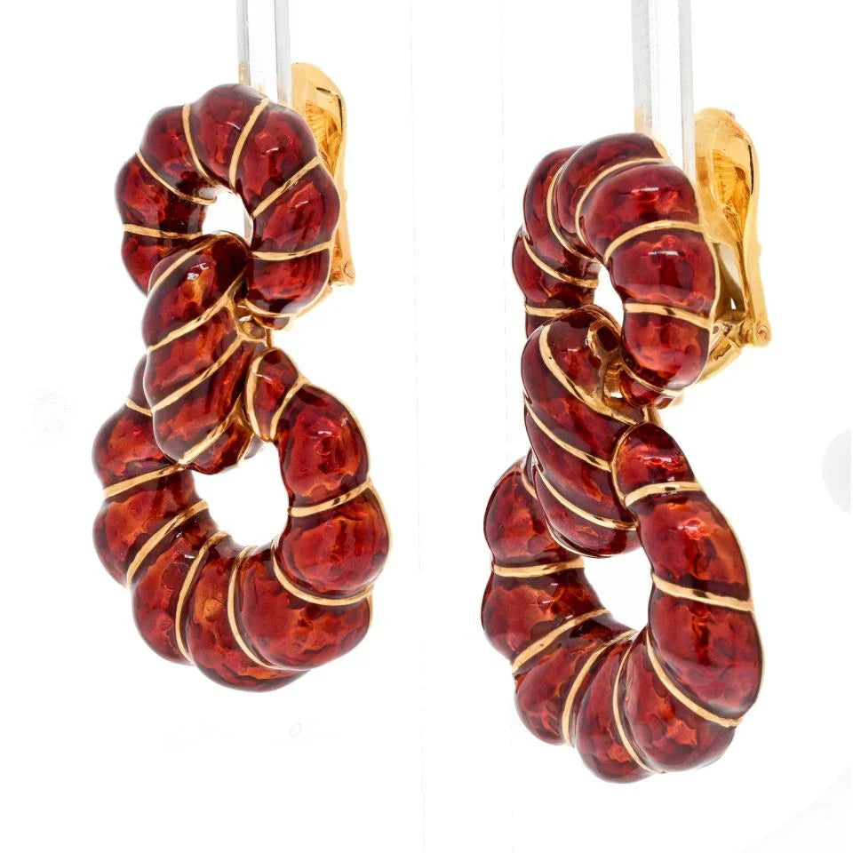 David Webb Platinum & 18K Yellow Gold Red Enamel Door Knockers Earrings - The Back Vault