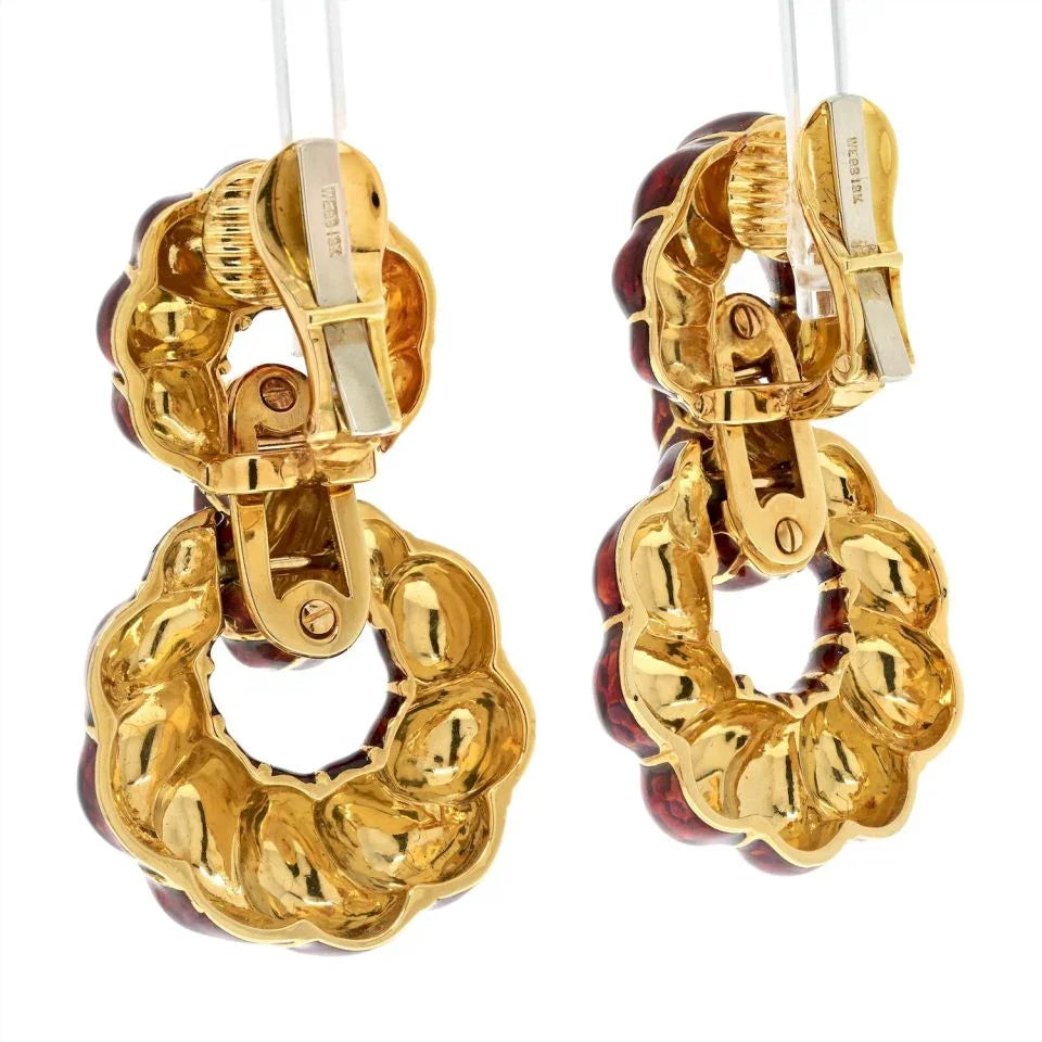 David Webb Platinum & 18K Yellow Gold Red Enamel Door Knockers Earrings - The Back Vault