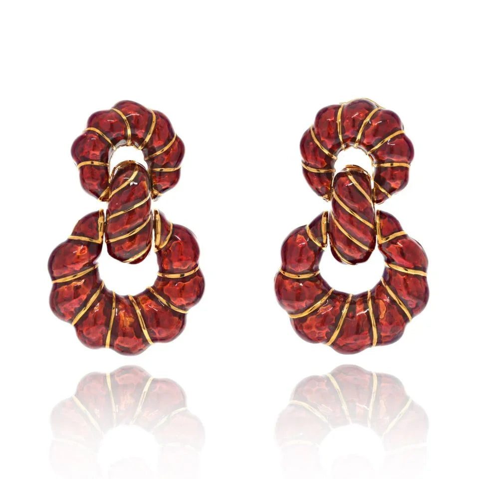 David Webb Platinum & 18K Yellow Gold Red Enamel Door Knockers Earrings - The Back Vault