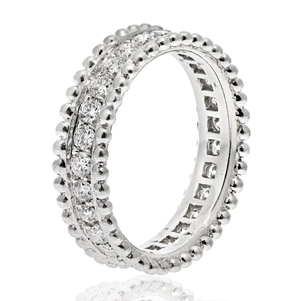 Van Cleef & Arpels Platinum Perlee Diamond Round Cut Row Wedding Band Ring - The Back Vault