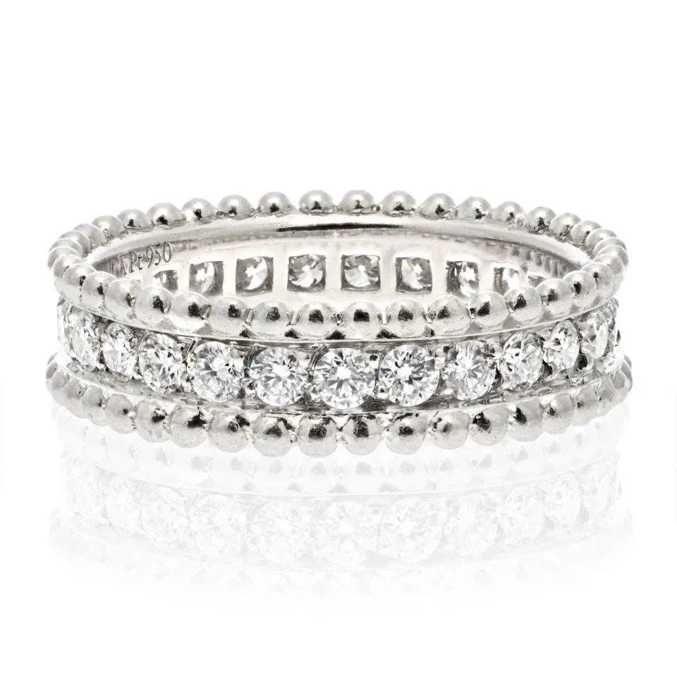 Van Cleef & Arpels Platinum Perlee Diamond Round Cut Row Wedding Band Ring - The Back Vault