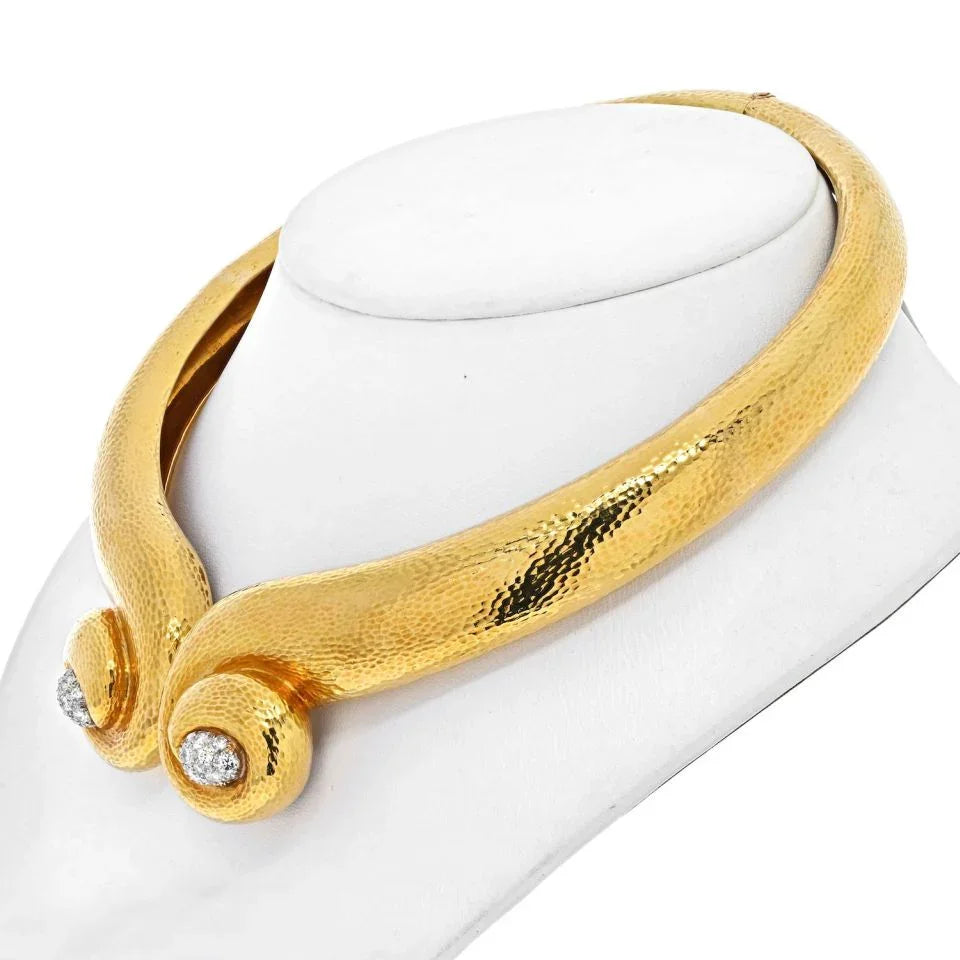 David Webb Platinum & 18K Yellow Gold Hammered Scroll Diamond Collar Necklace - The Back Vault