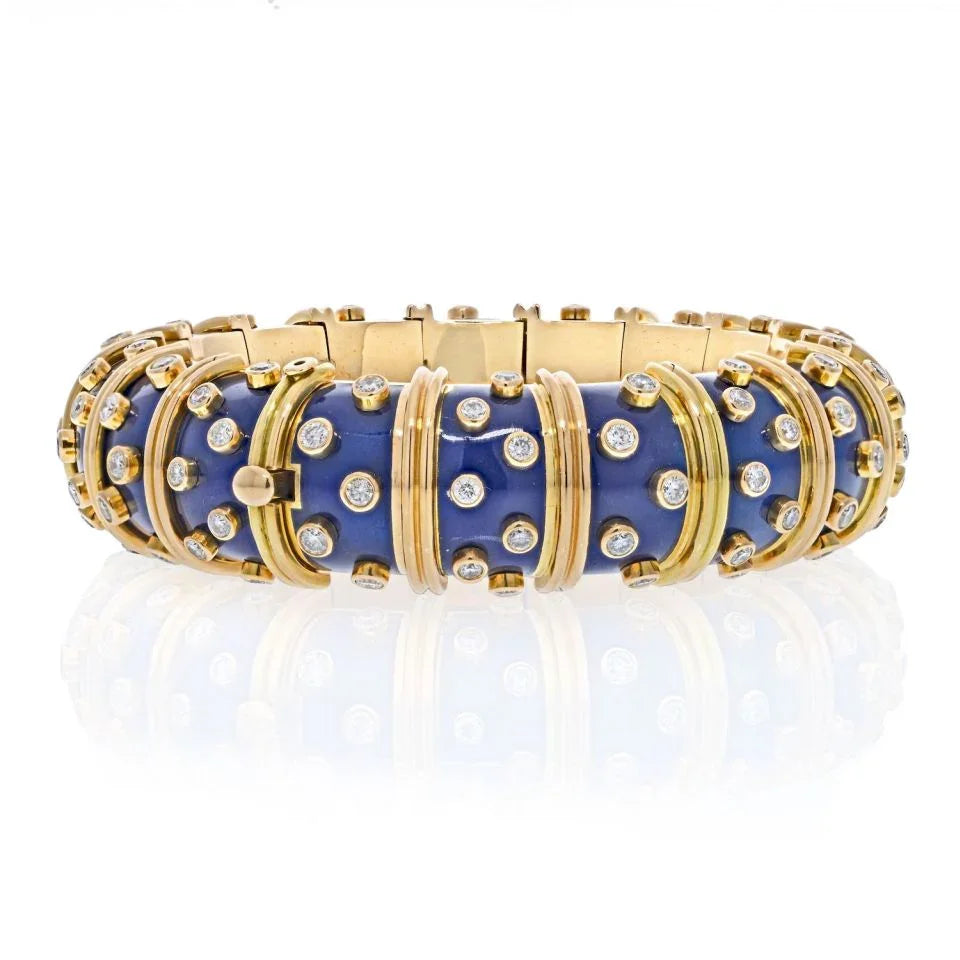 Tiffany & Co. Schlumberger Platinum & 18K Yellow Gold Blue Enamel Diamond Bracelet - The Back Vault