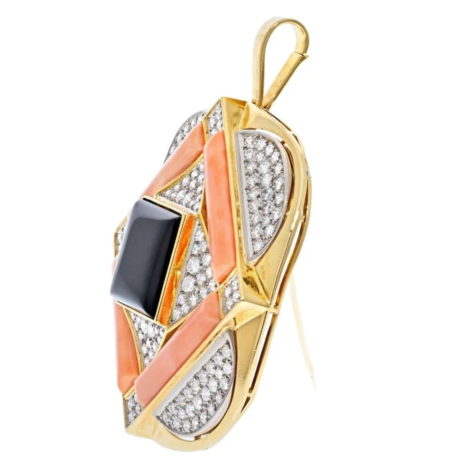 Vacheron Constantin 18K Yellow Gold 1970's Coral, Diamond And Onyx Pendant Brooch - The Back Vault