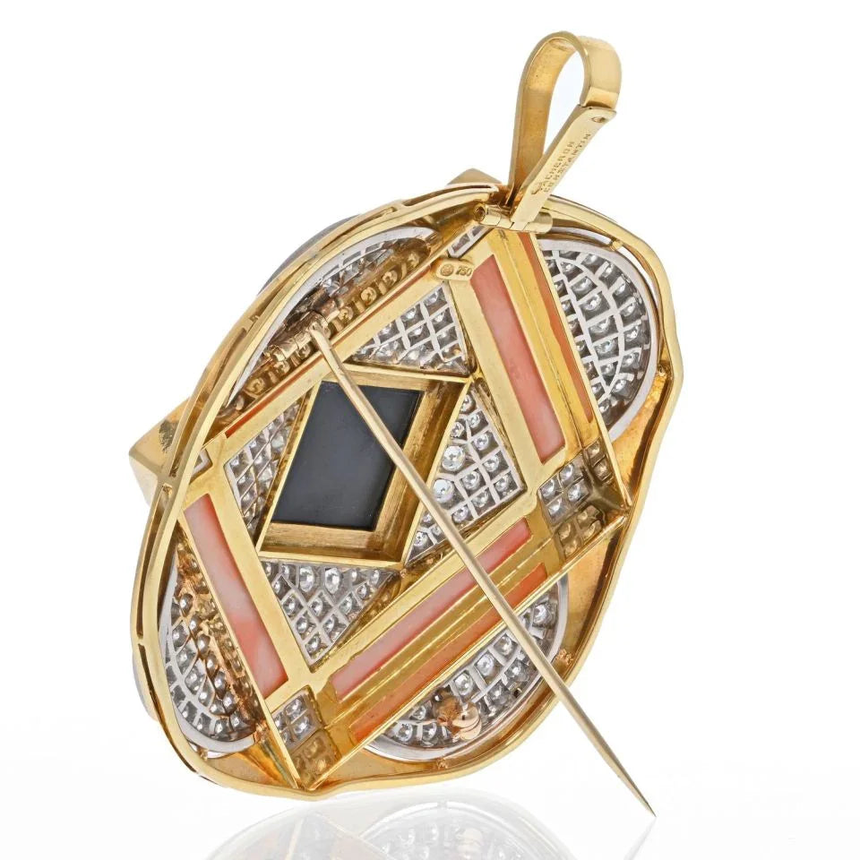 Vacheron Constantin 18K Yellow Gold 1970's Coral, Diamond And Onyx Pendant Brooch - The Back Vault