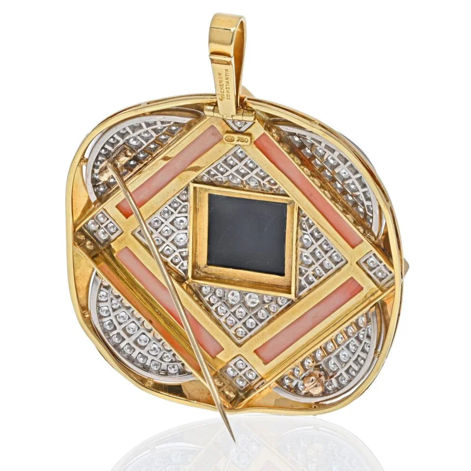 Vacheron Constantin 18K Yellow Gold 1970's Coral, Diamond And Onyx Pendant Brooch - The Back Vault