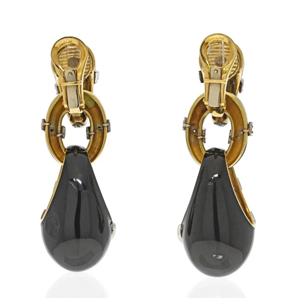 18K Yellow Gold Black Enamel Diamond Drop Dangling Earrings - The Back Vault