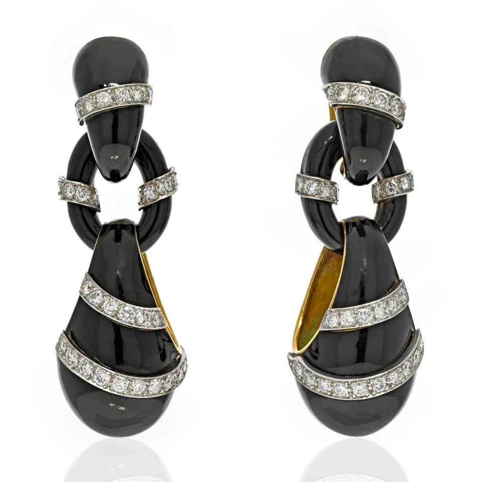 18K Yellow Gold Black Enamel Diamond Drop Dangling Earrings - The Back Vault