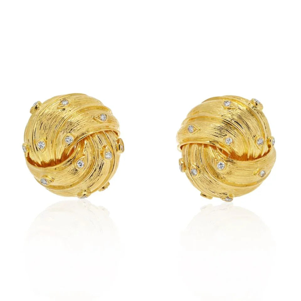 David Webb 18K Yellow Gold Knot Style Button With Diamonds Earrings - The Back Vault