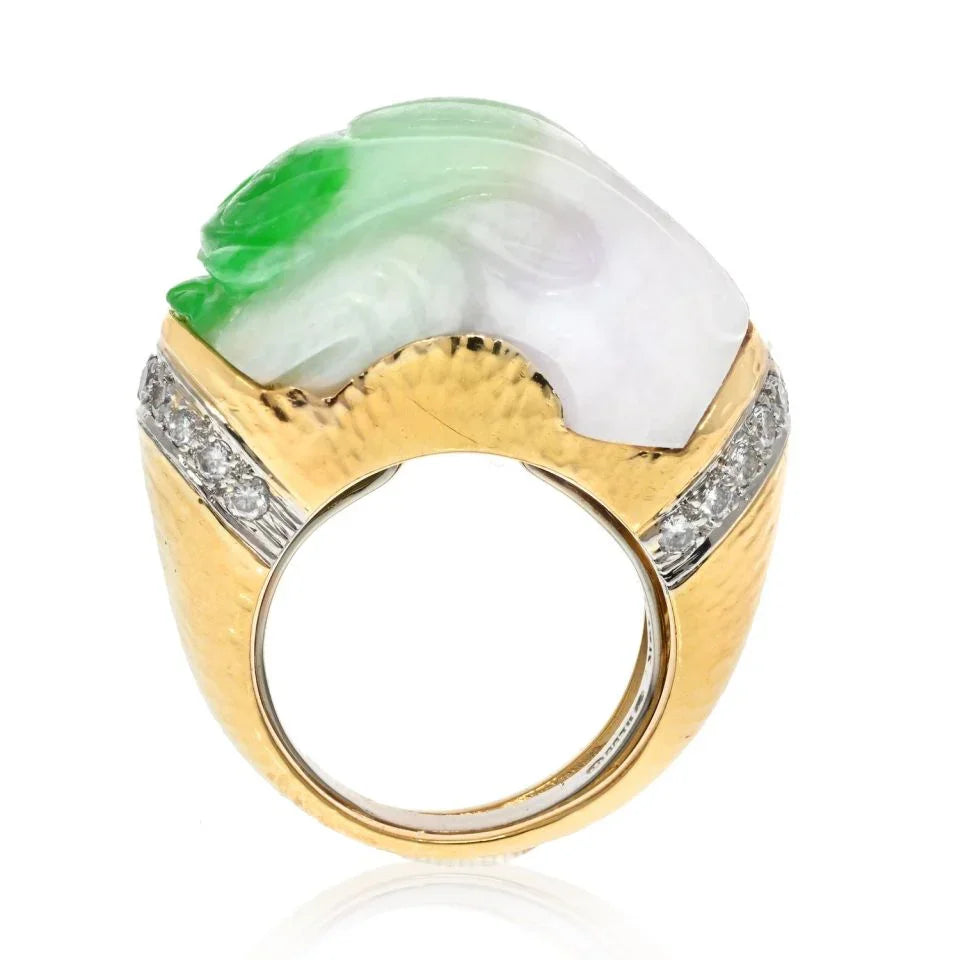 David Webb Platinum & 18K Yellow Gold Carved Jade And Diamond Ring - The Back Vault