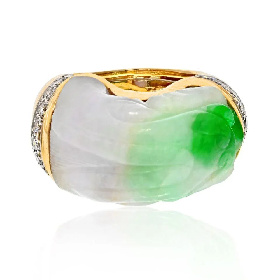 David Webb Platinum & 18K Yellow Gold Carved Jade And Diamond Ring - The Back Vault