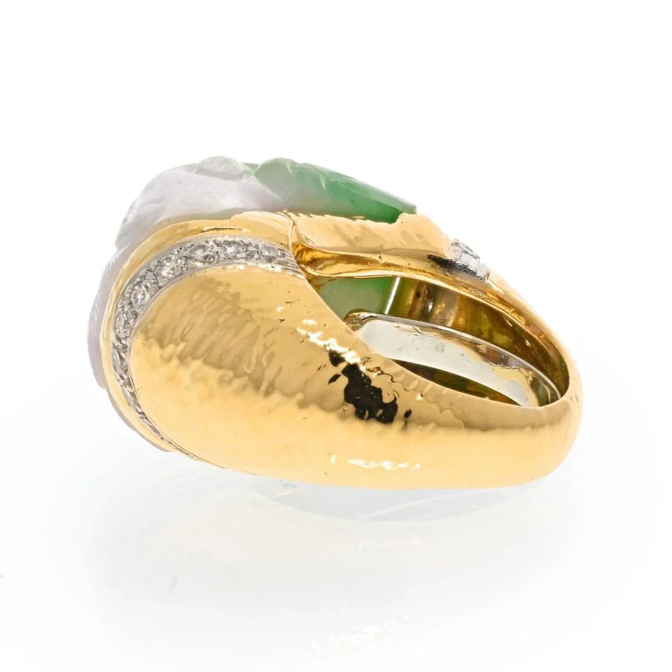 David Webb Platinum & 18K Yellow Gold Carved Jade And Diamond Ring - The Back Vault