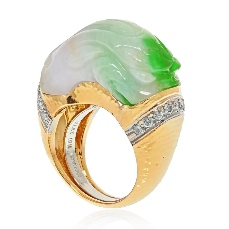 David Webb Platinum & 18K Yellow Gold Carved Jade And Diamond Ring - The Back Vault