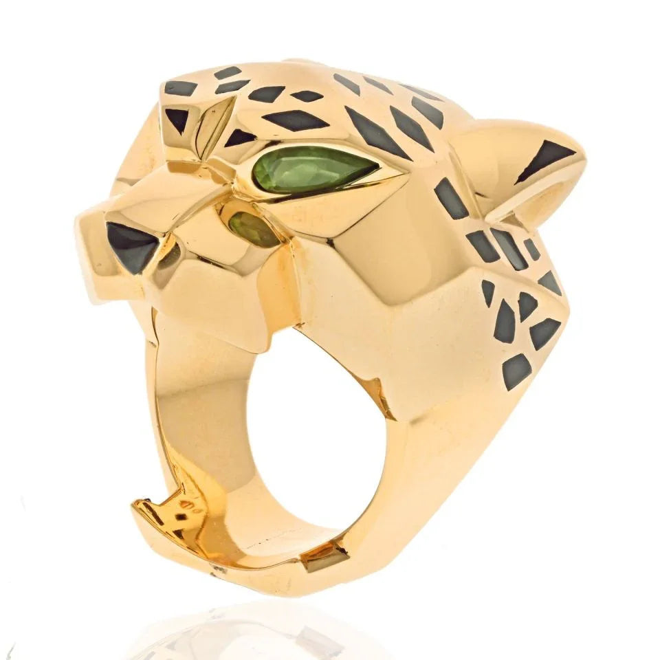 Cartier 18K Yellow Gold Panthere Head Black Lacquer Solid Ring - The Back Vault