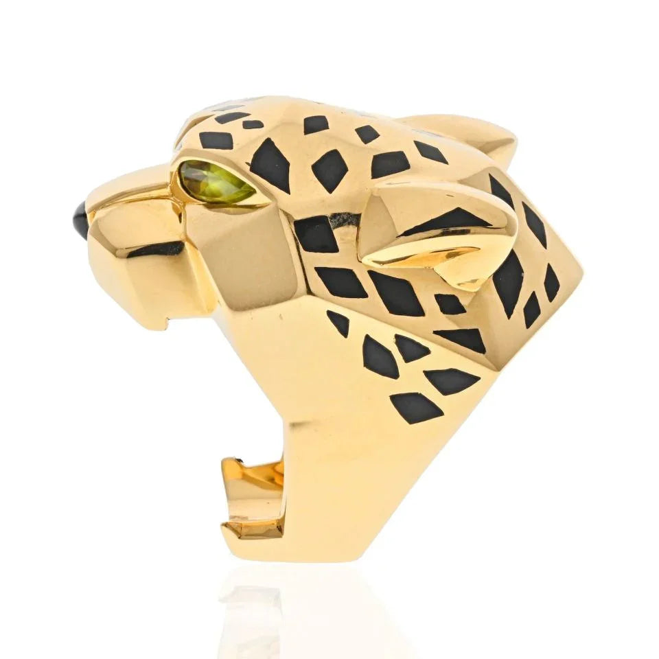 Cartier 18K Yellow Gold Panthere Head Black Lacquer Solid Ring - The Back Vault