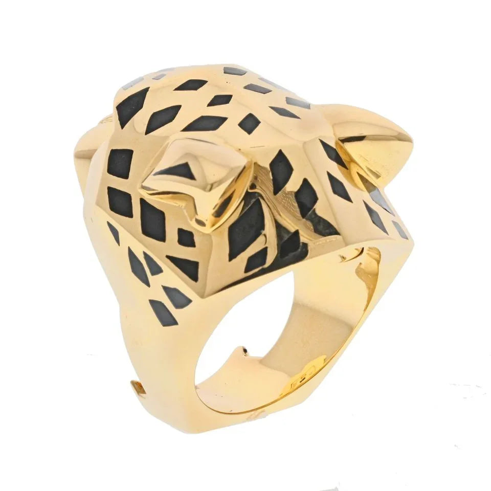 Cartier 18K Yellow Gold Panthere Head Black Lacquer Solid Ring - The Back Vault