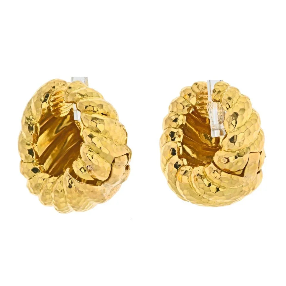 David Webb Platinum & 18K Yellow Gold Jumbo Shrimp Hammered Clip On Earrings - The Back Vault